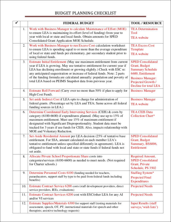 budget planning checklist template