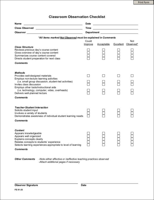 classroom observation checklist template