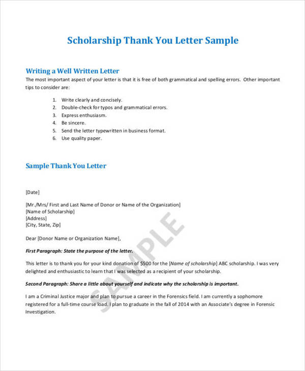 college scholarship thank you letter sample