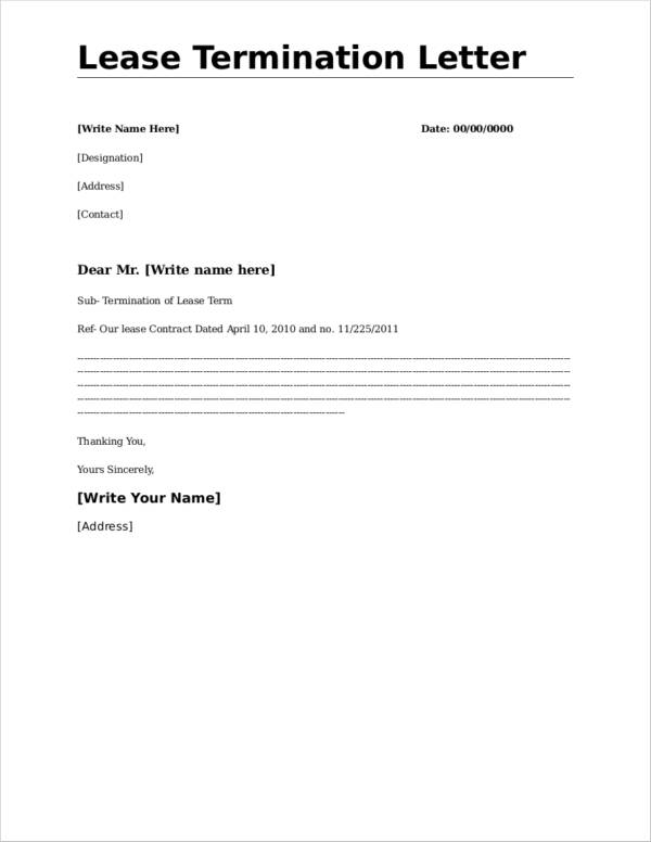 Termination Of Lease Sample Letter