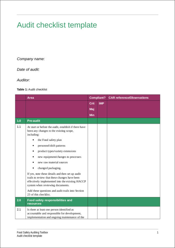 detailed audit checklist template