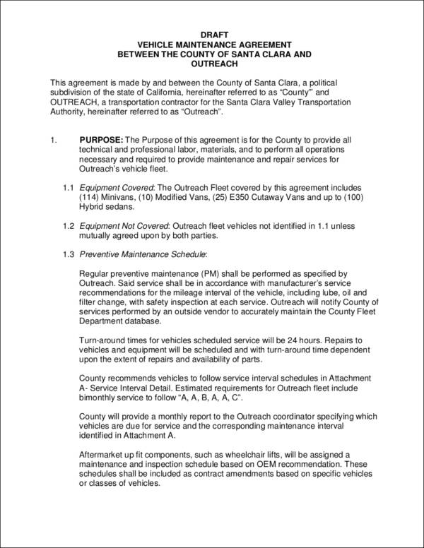draft vehicle maintenance agreement contract sample
