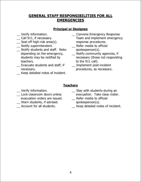 emergency checklist procedures for school