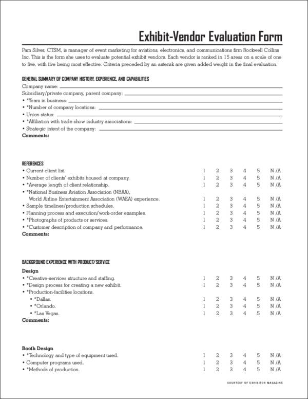 exhibit vendor evaluation form sample