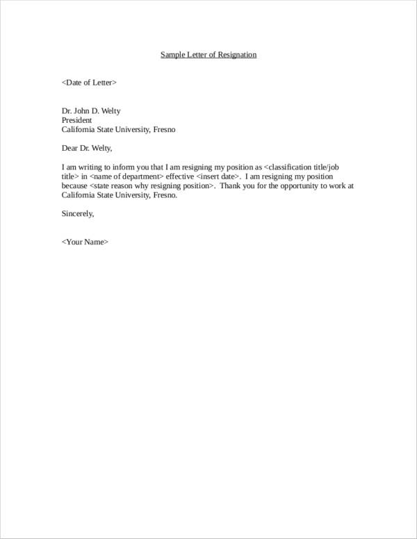 faculty resignation letter example