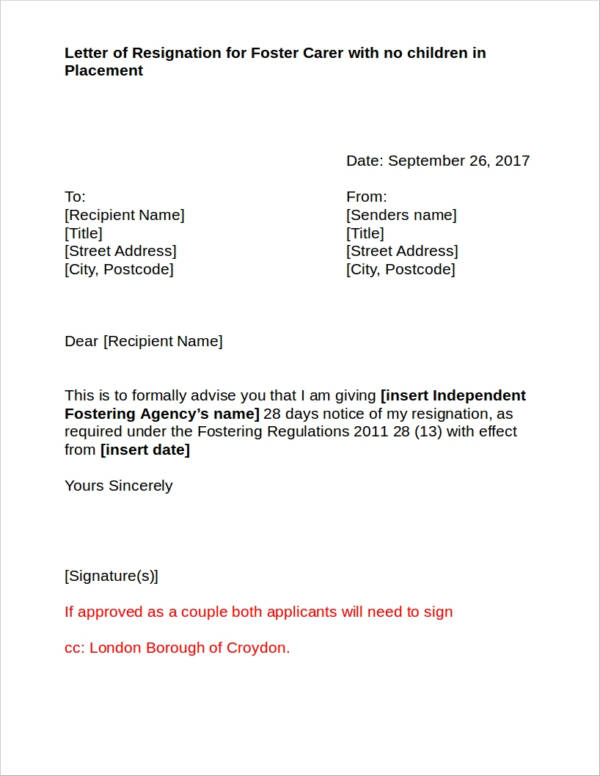 foster carer resignation letter