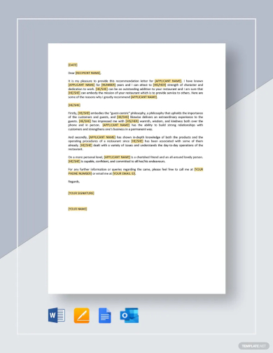 free restaurant employee personal recommendation letter template