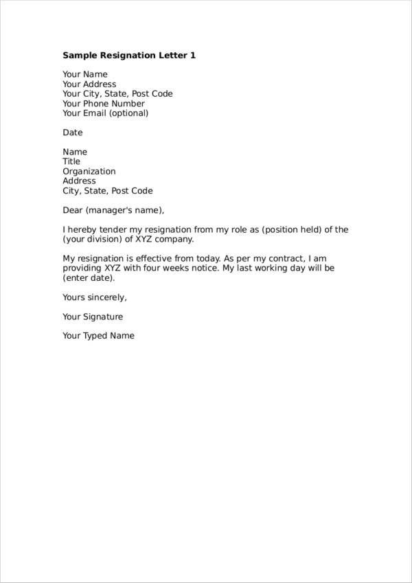 free sample letter of resignation