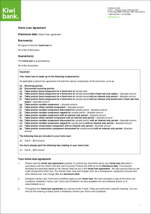 home loan agreement contract sample