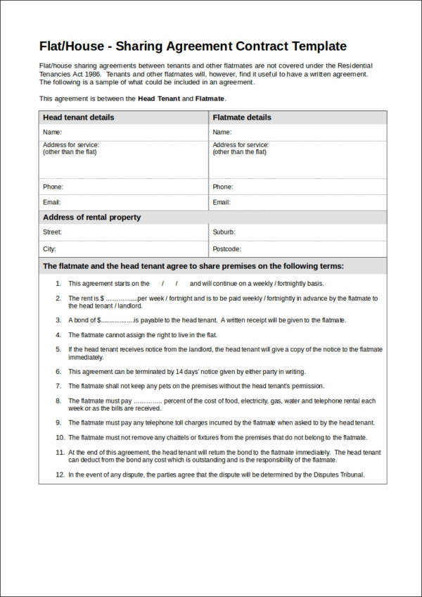 house sharing agreement contract template