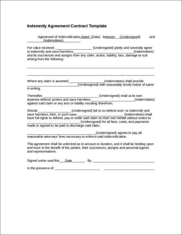 indemnity agreement contact template