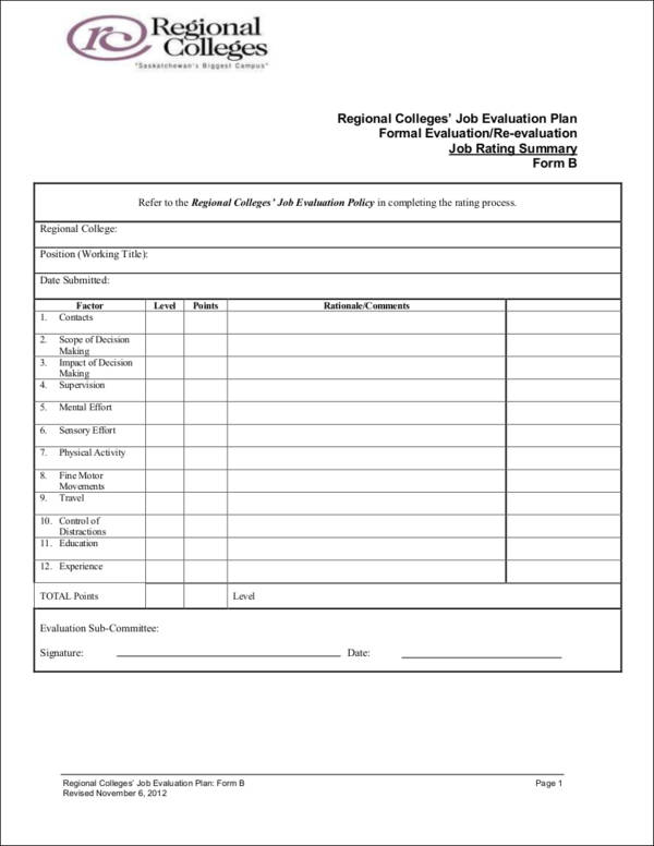 job re evaluation form sample