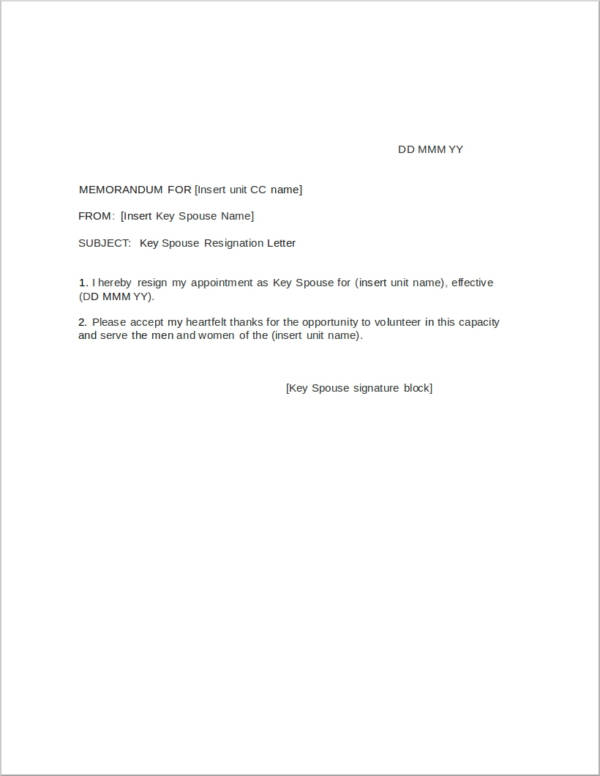 key spouse letter of resignation