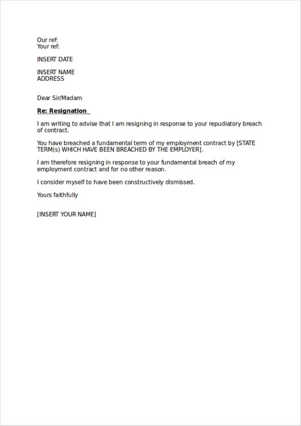 legal resignation letter sample