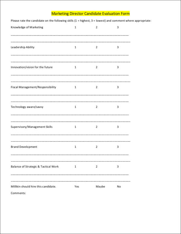 marketing director candidate evaluation form template
