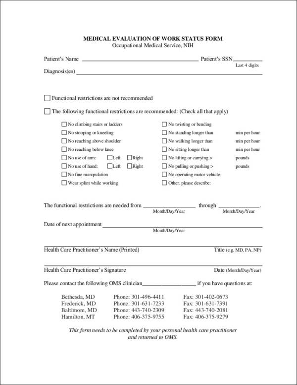 medical evaluation of work status form 