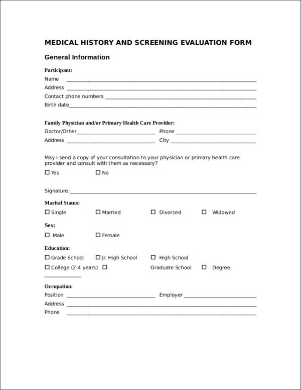medical history and screening evaluation form