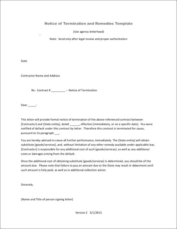 notice of termination and remedies template