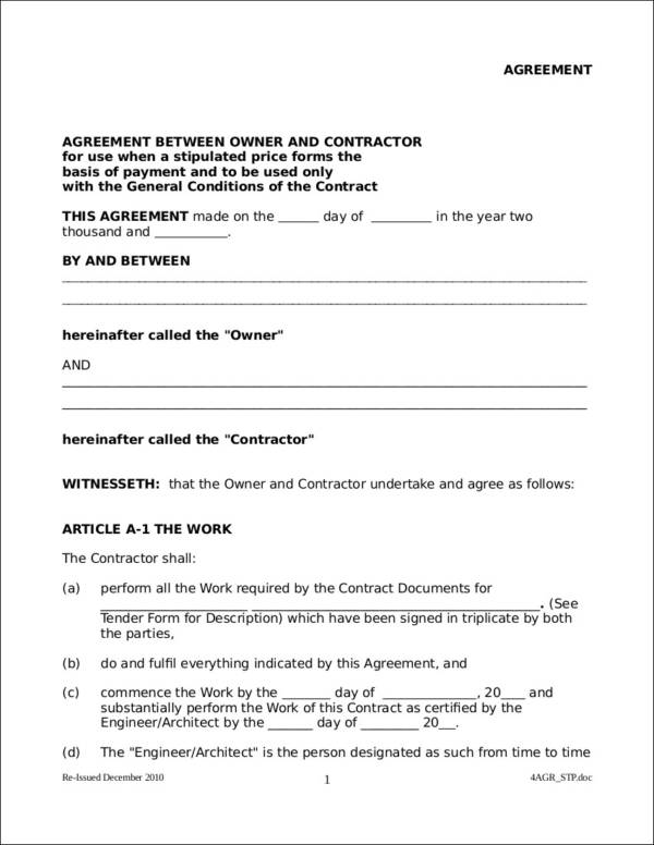 owner and contractor contract template