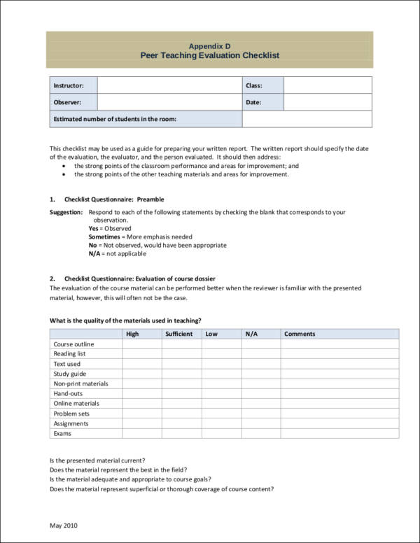 peer teaching evaluation checklist template