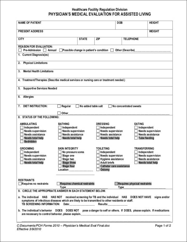 physician’s medical evaluation form for assisted living