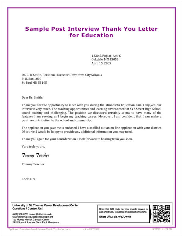 post interview thank you letter for education