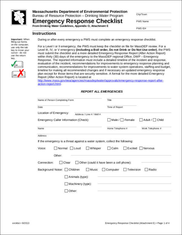 printable emergency response checklist