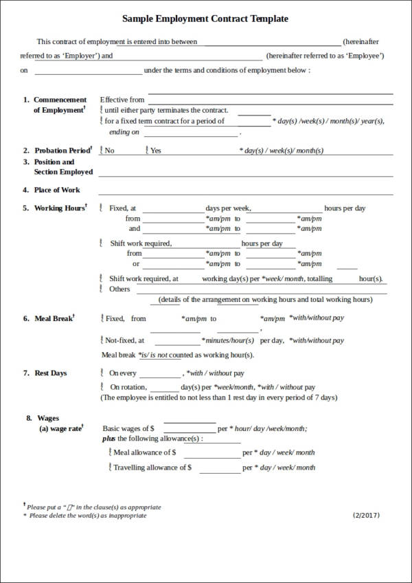 printable employment contract template