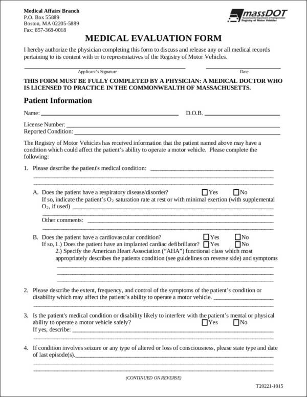 printable medical evaluation form