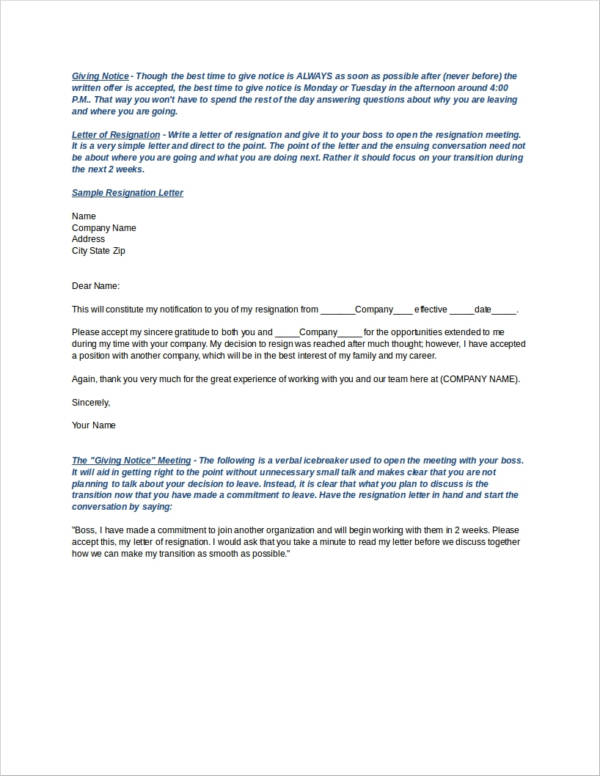 printable resigation letter notice
