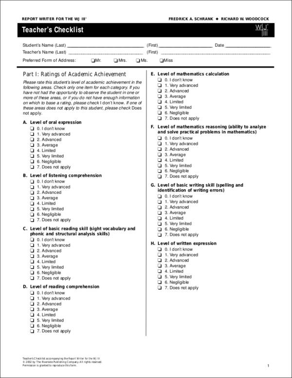 printable teachers checklist template