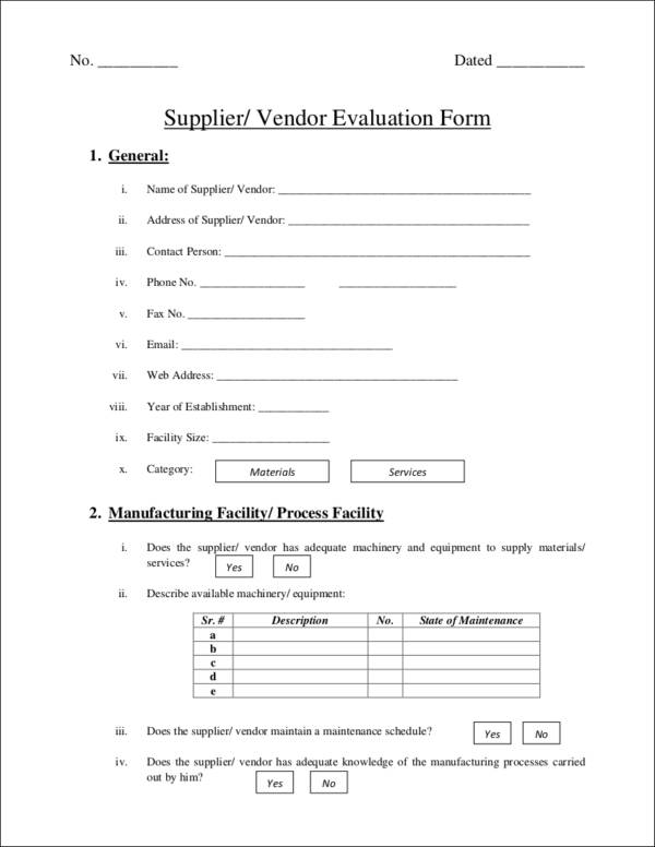 printable vendor performance evaluation form template