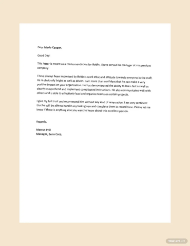 recommendation letter for employee from manager template