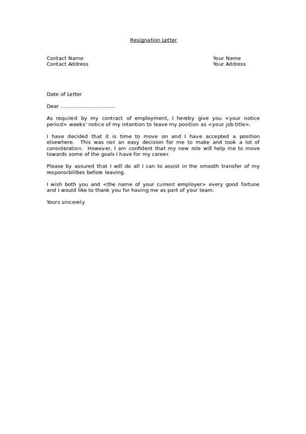 Good Notice Letter Sample Resignation Letter
