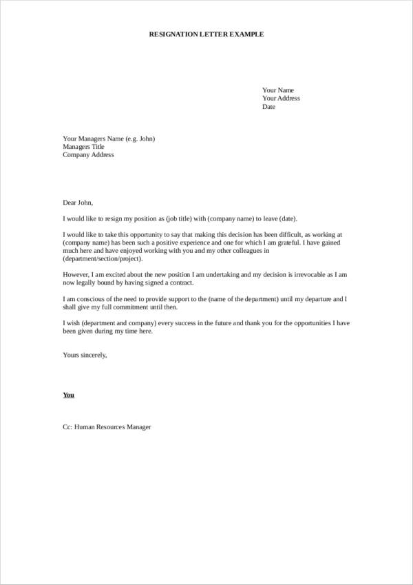 resignation letter example format