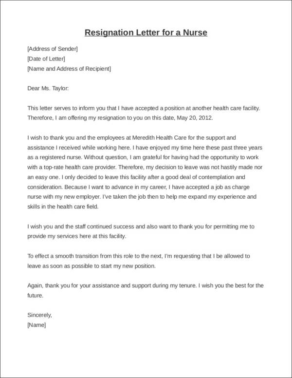 resignation letter for a nurse