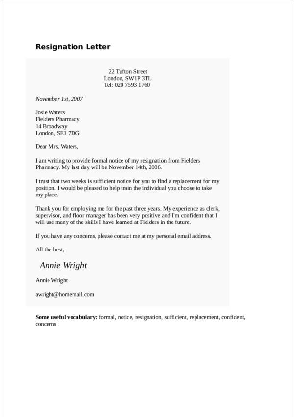 resignation letter with two weeks notice in doc