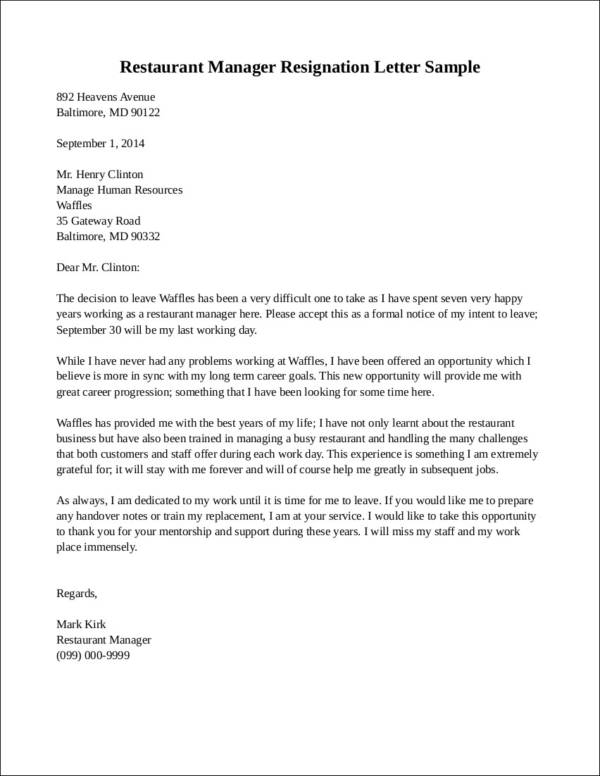 Chef Resignation Letter Template