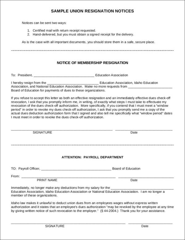 sample union resignation letter