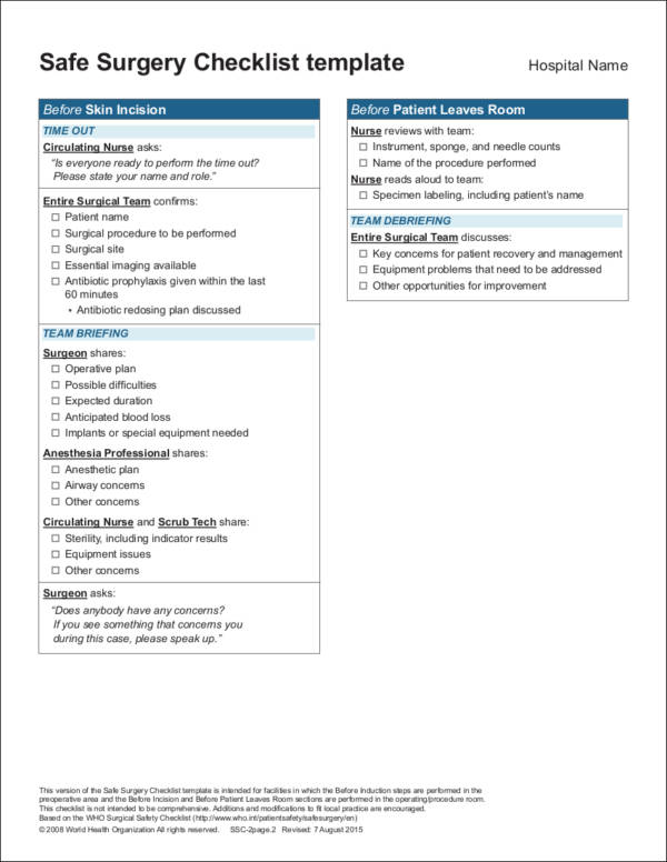 safe surgery checklist template