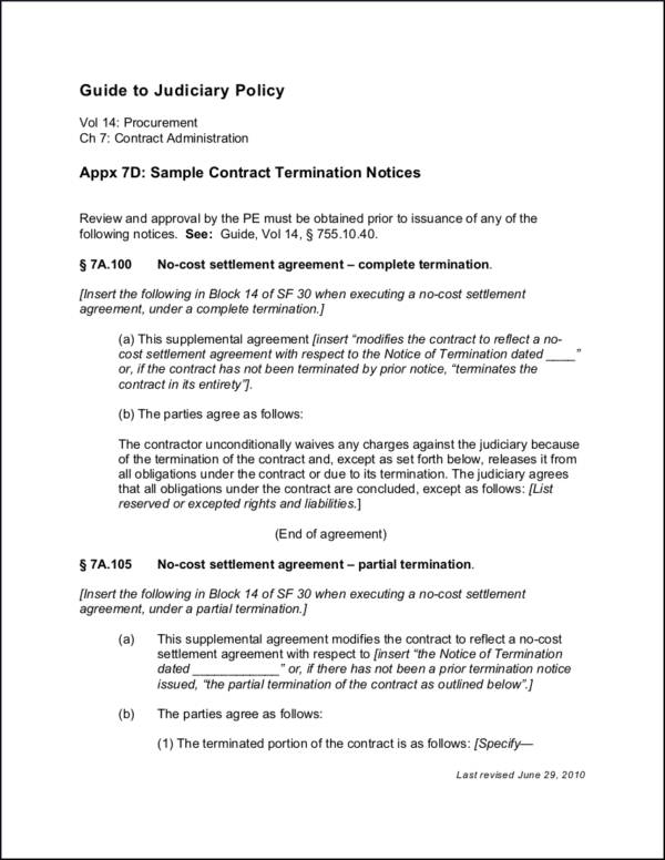 sample contract termination notices template