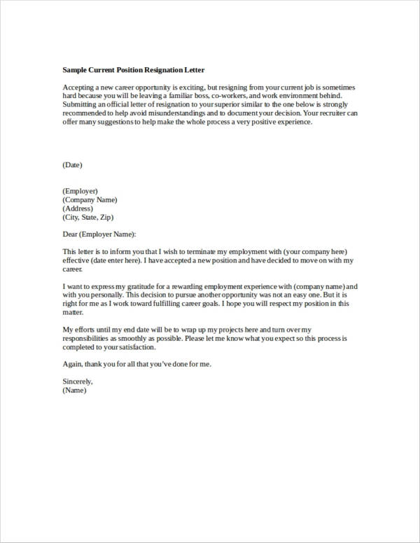 sample current position resignation letter