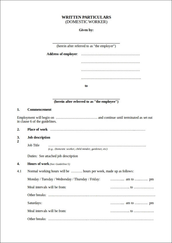 Domestic worker employment contract english, document, labour.