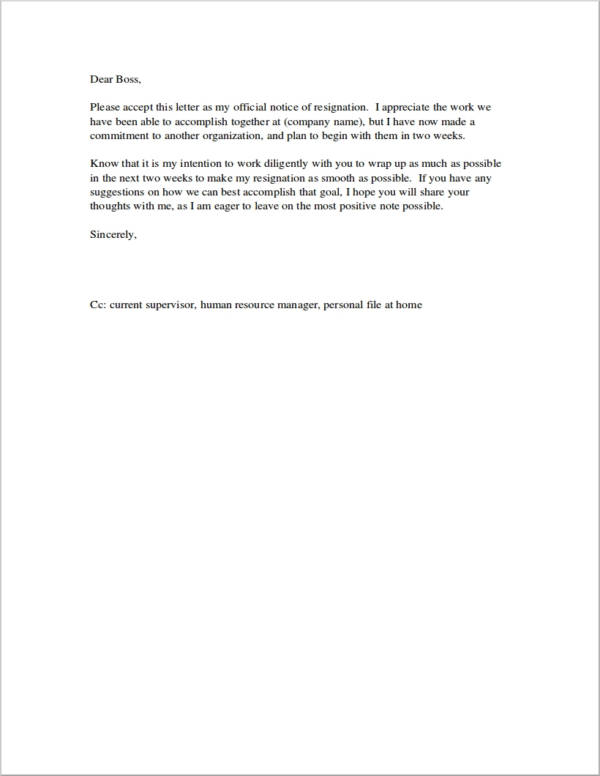 sample resignation with two weeks notice letter