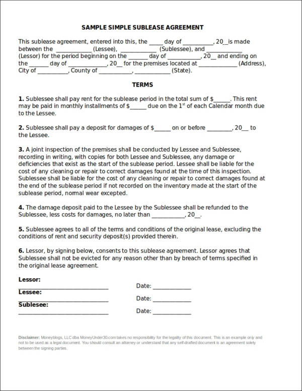 sample sublease agreement contract template