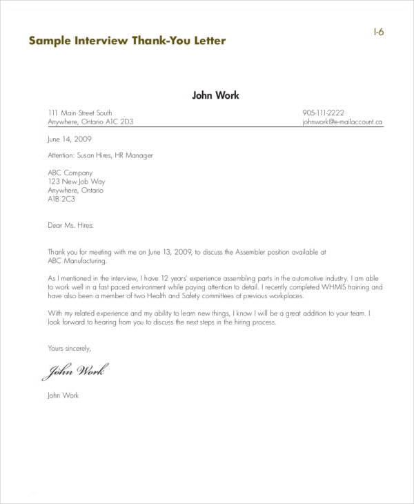 sample thank you letter for a job interview