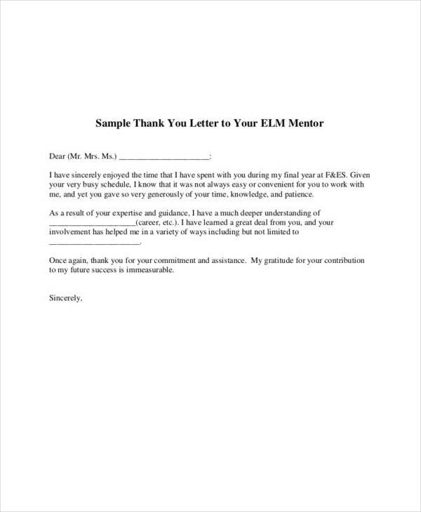 sample thank you letter to your mentor