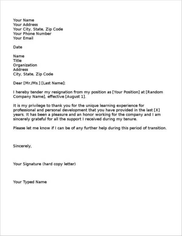 simple resignation letter format