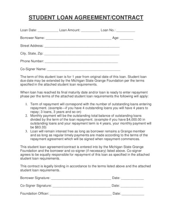 student loan agreement contract sample