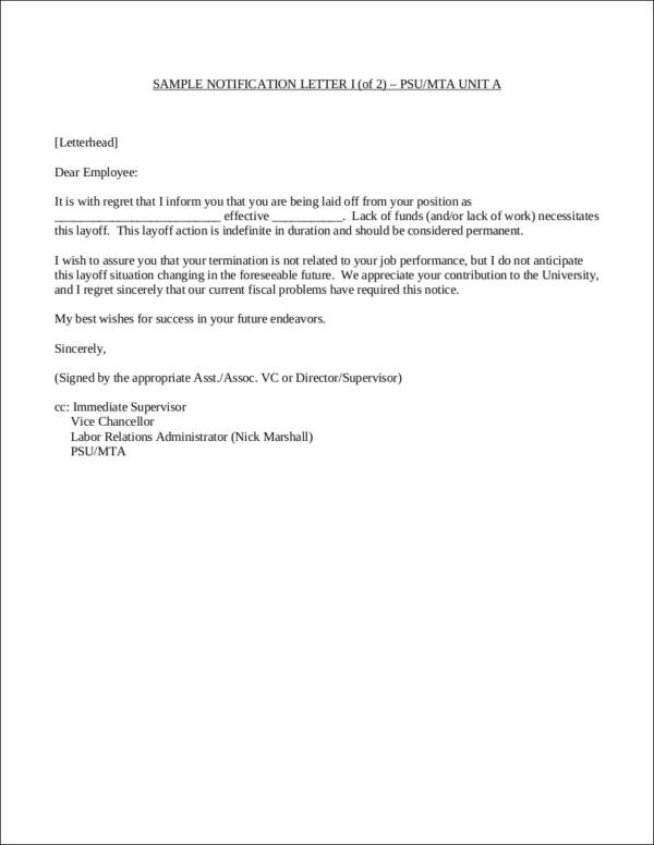 termination letter due to lack of funds and or work